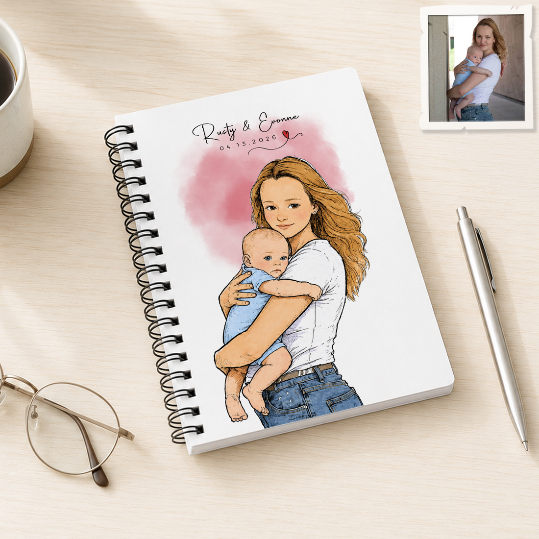 Personalized First Time Mom Sketch Doodle Spiral Bound Journal with Custom Text, New Mom and Baby Portrait Notebook Gift