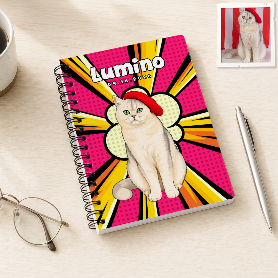 Personalized Pop Art Pet Spiral Bound Journal with Custom Text, Custom Pet Portrait Journal Gift