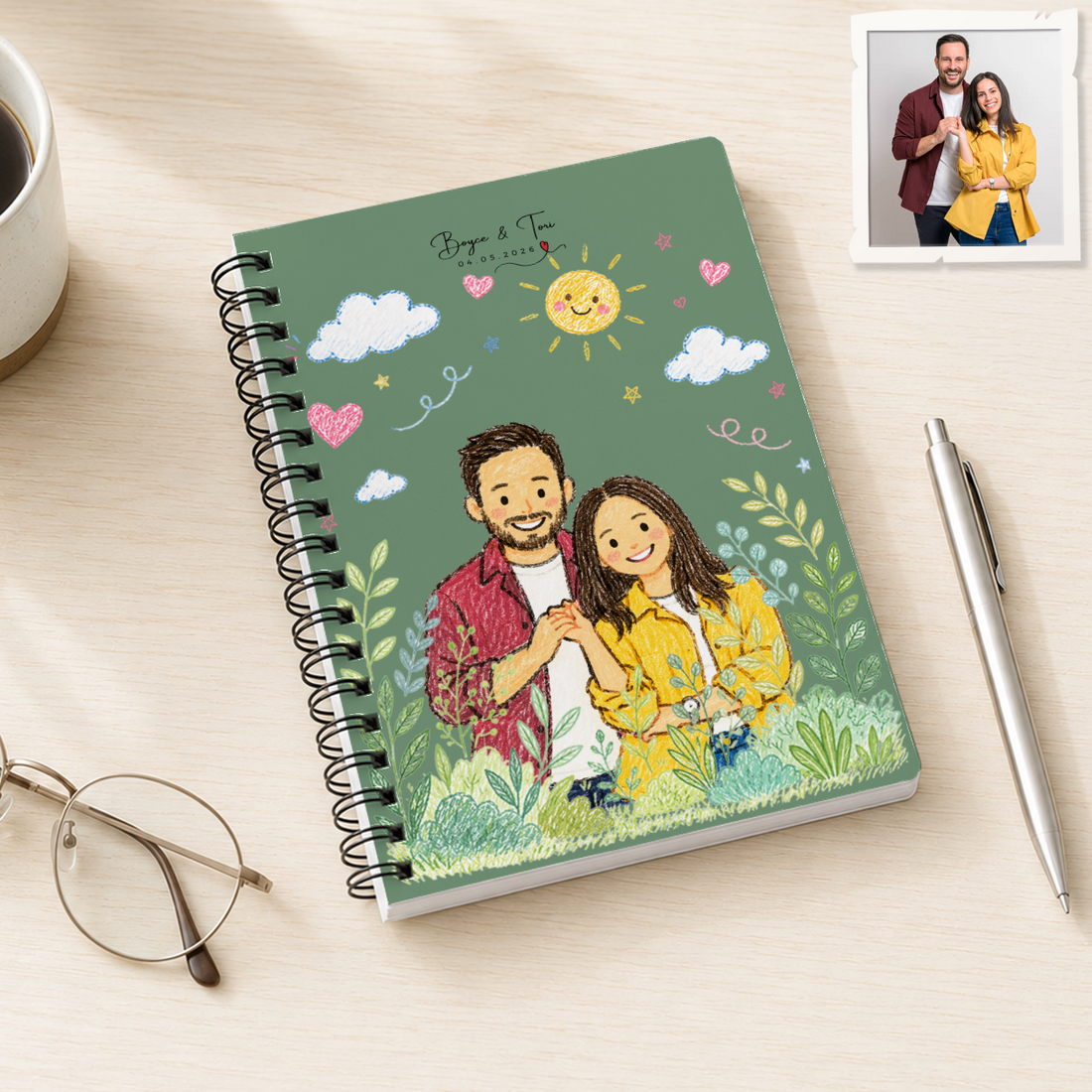 Personalized Couple Crayon Doodle Spiral Bound Journal with Custom Text, Cute Custom Portrait Notebook Gift