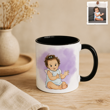 Personalized Baby Portrait Photo to Water Color Doodle Accent Mug with Custom Text