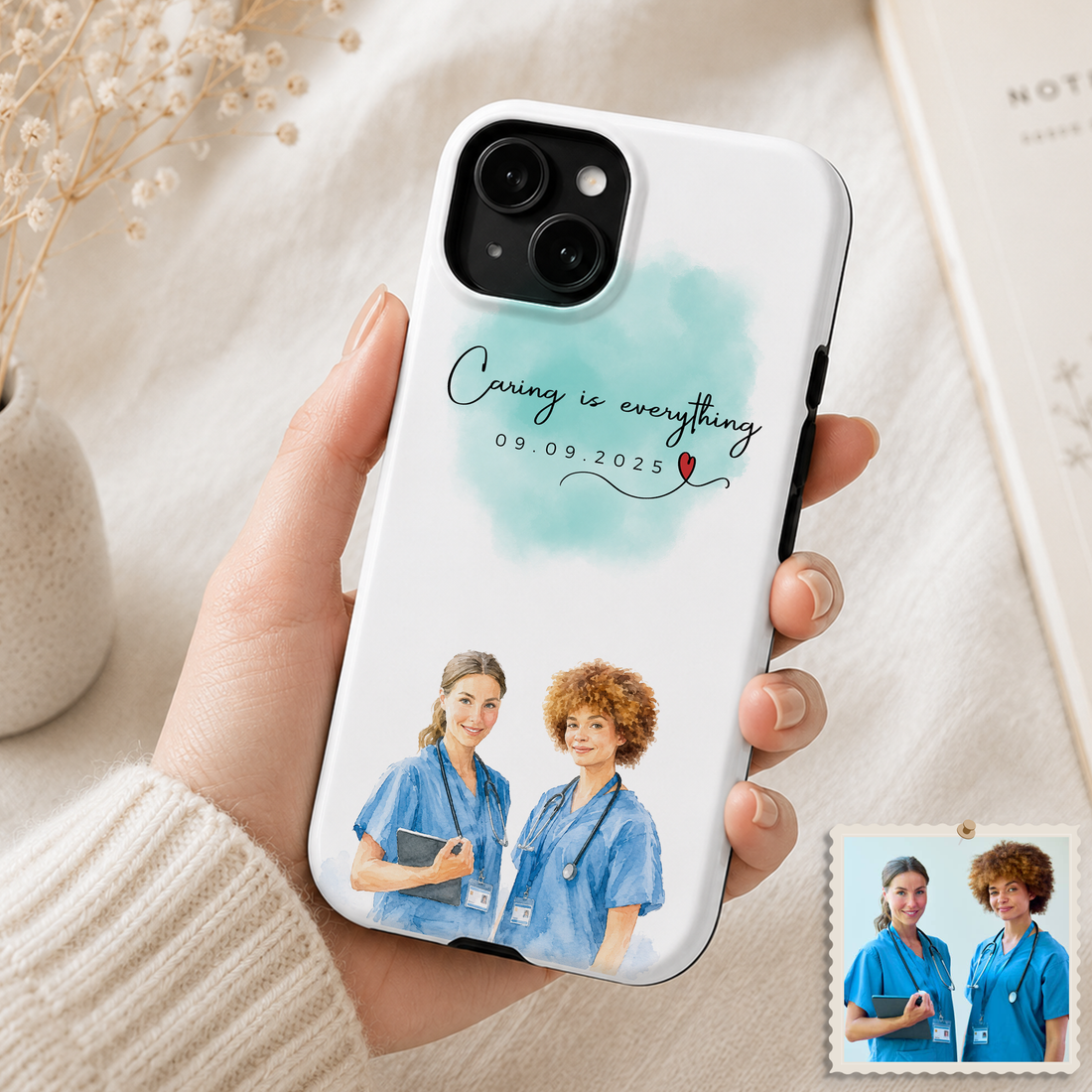 Tough Phone Case for iPhone & Samsung, Personalized Nurse Water Color Portrait with Custom Text, Custom Appreciation Gift