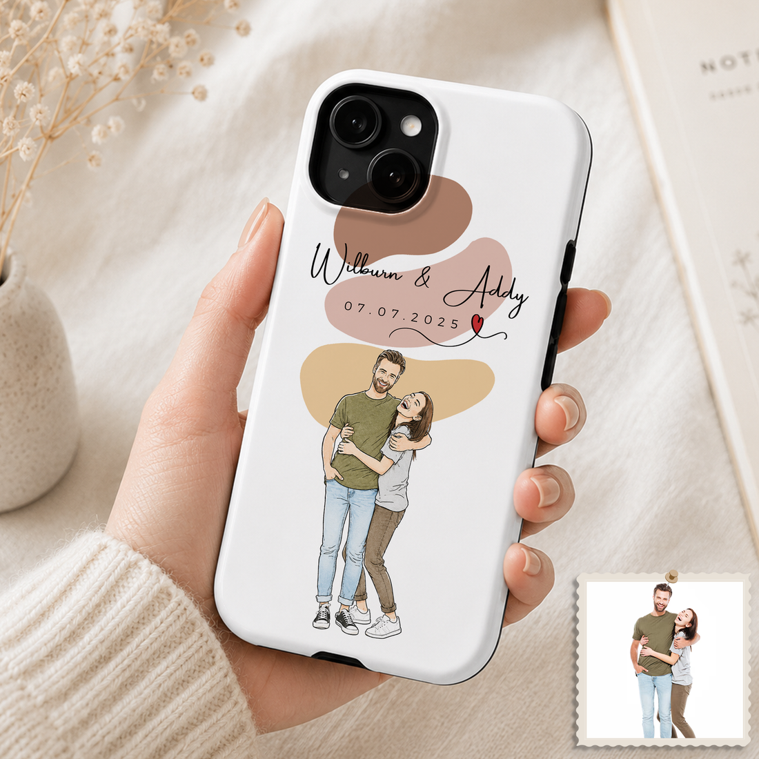 Tough Phone Case for iPhone & Samsung, Personalized Couple Water Color Doodle Case with Custom Text
