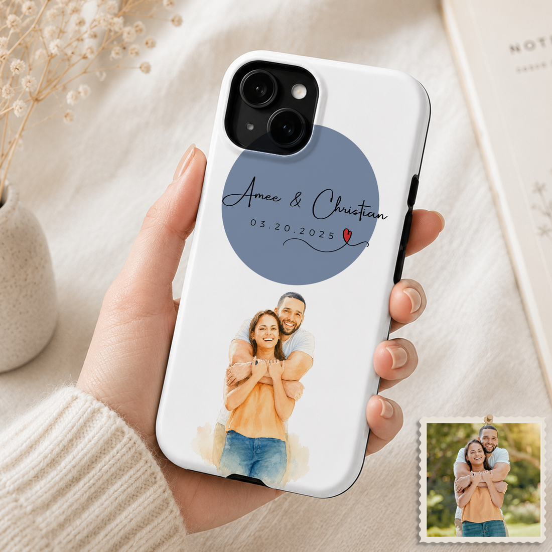 Tough Phone Case for iPhone & Samsung, Personalized Couple Water Color Case with Custom Text