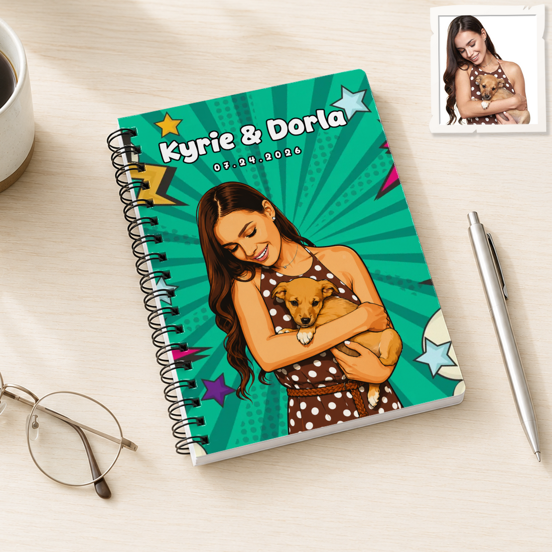 Personalized Pet and Owner Pop Art Spiral Bound Journal with Custom Text, Custom Pet Portrait Notebook Gift