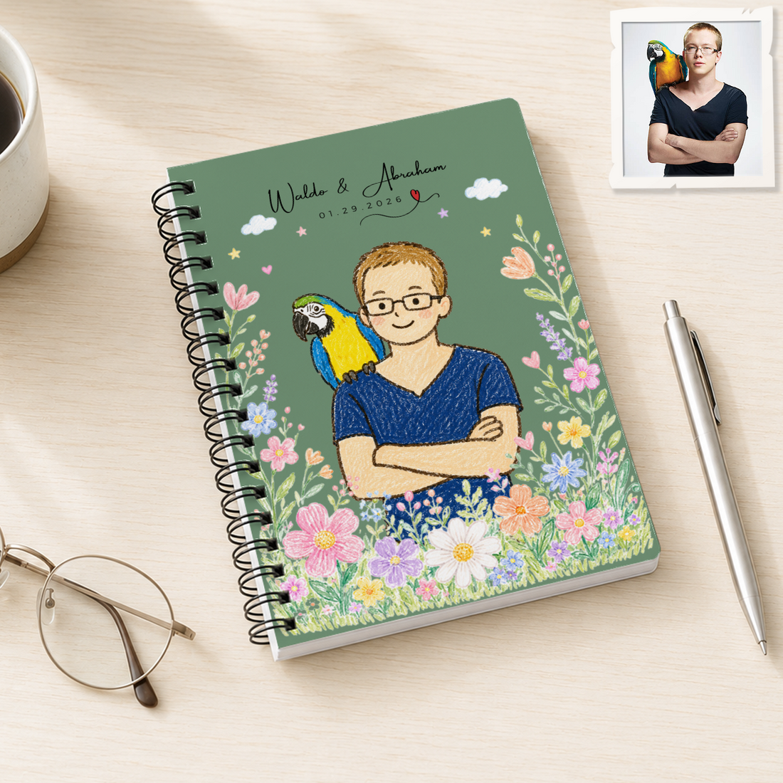 Personalized Pet and Owner Crayon Doodle Spiral Bound Journal with Custom Text, Cute Custom Pet Portrait Notebook Gift