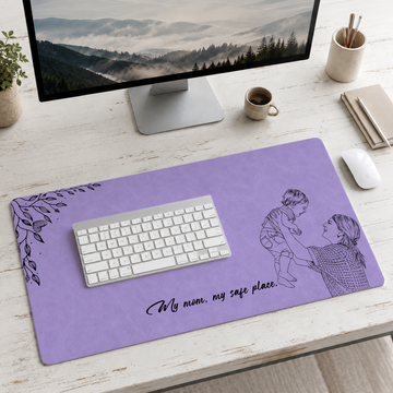 Personalized Photo to Detailed Line Art Mom & Kid Desk Mat with Custom Text
