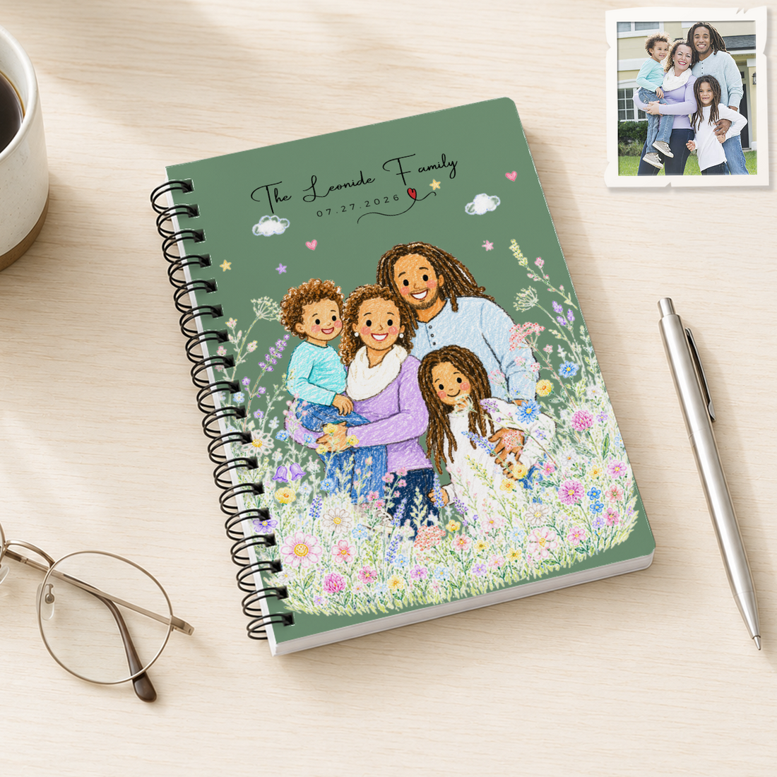 Personalized Family Crayon Doodle Spiral Bound Journal with Custom Text, Cute Custom Family Portrait Notebook Gift