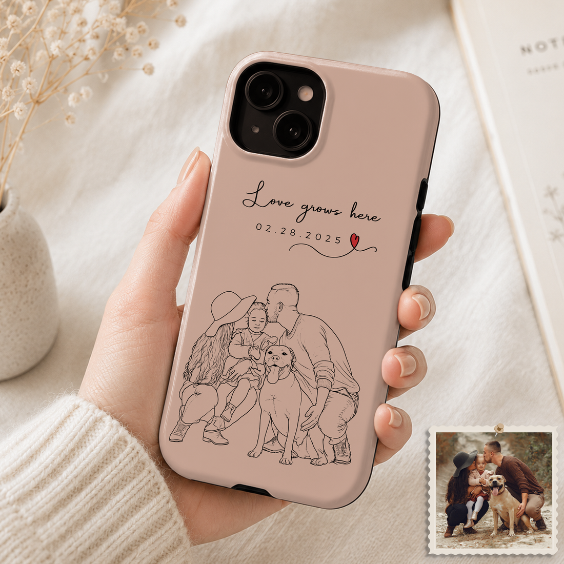 Tough Phone Case for iPhone & Samsung, Personalized Big Family Detailed Line Art Case with Custom Text