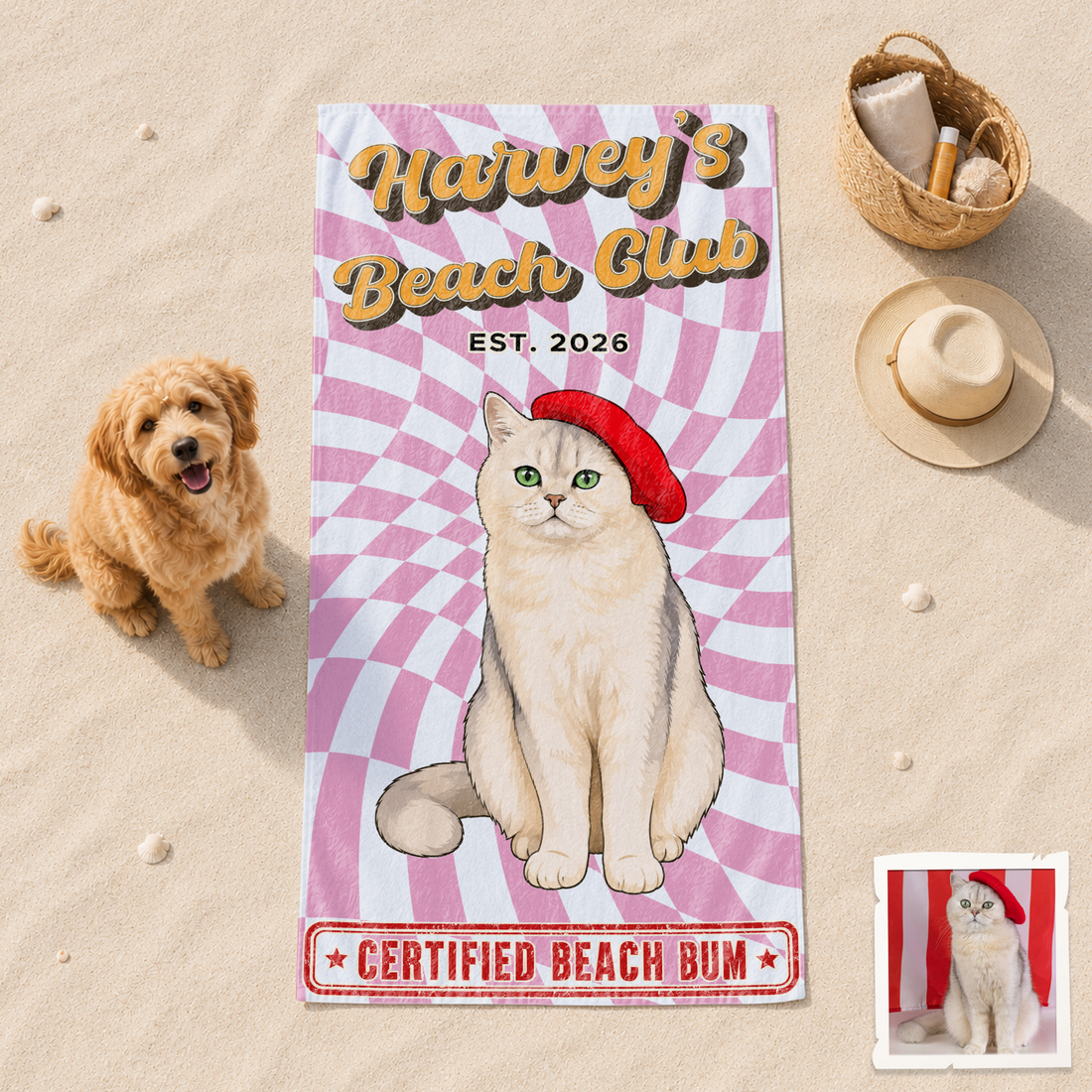Personalized Pet Pop Art Beach Towel with Custom Text, Colorful Dog or Cat Photo Summer Gift