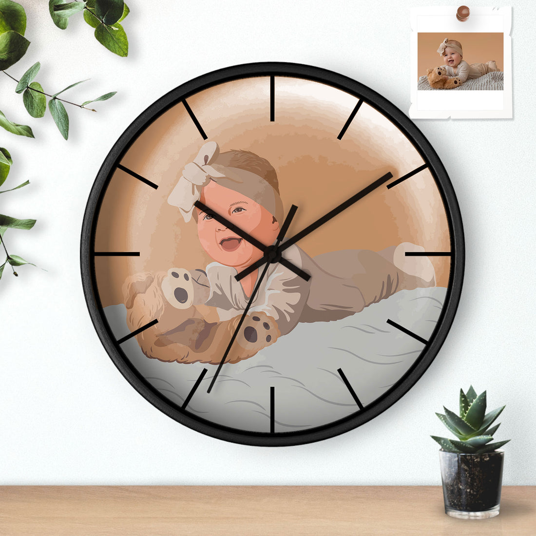 Custom Baby Portrait Photo Art, Personalized Baby Illustration Painting, Baby Shower Gift, Newborn Keepsake Wall Clock