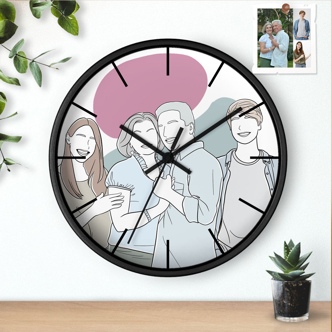 Customized Mom and Baby, Dad and Kids Photo to Doodle Art Style, Family Anniversary Wall Clock