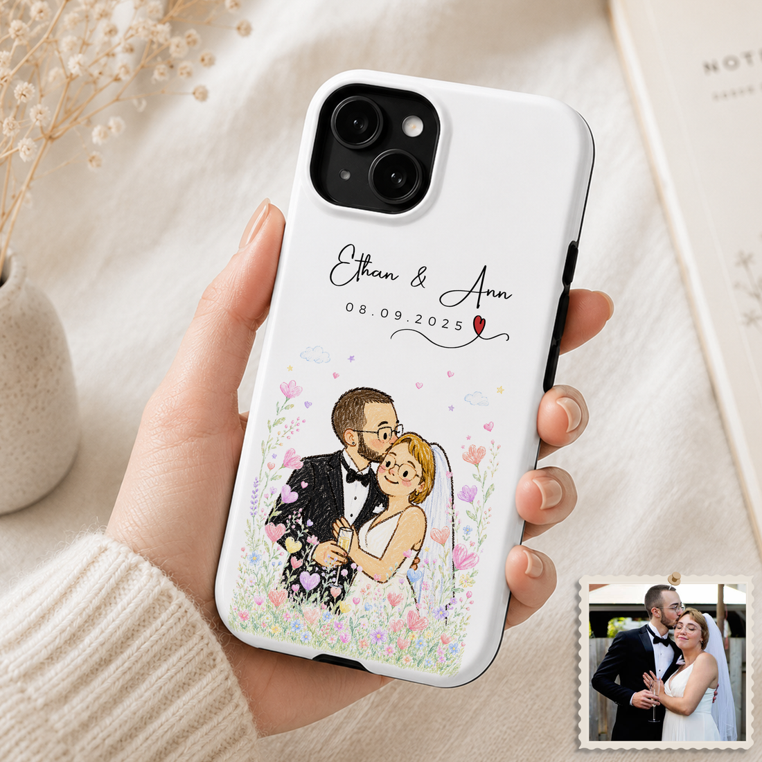 Tough Phone Case for iPhone & Samsung, Personalized Wedding Crayon Doodle Case with Custom Text