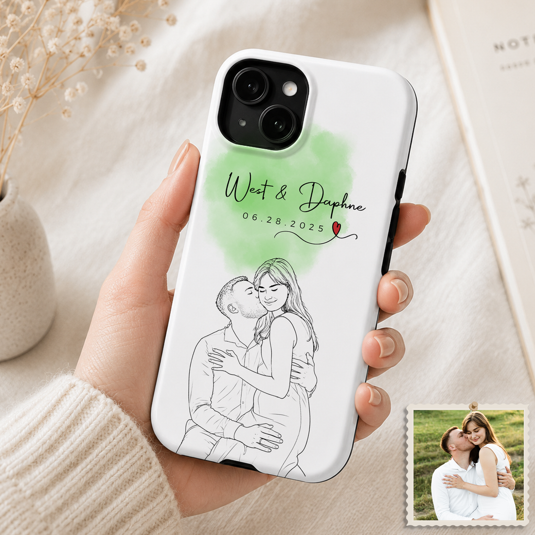 Tough Phone Case for iPhone & Samsung, Personalized Couple Detailed Line Art Case with Custom Text