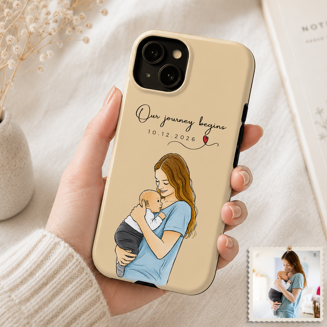 Tough Phone Case for iPhone & Samsung, Personalized Baby With Parent Water Color Doodle Case with Custom Text