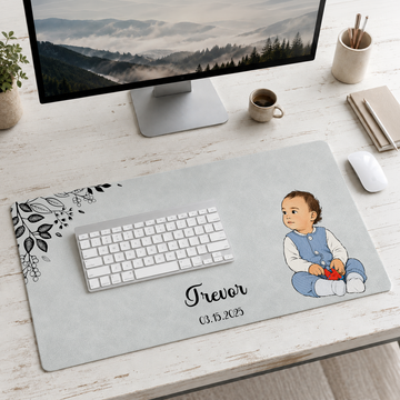 Personalized Baby Portrait Photo to Water Color Doodle Desk Mat with Custom Text