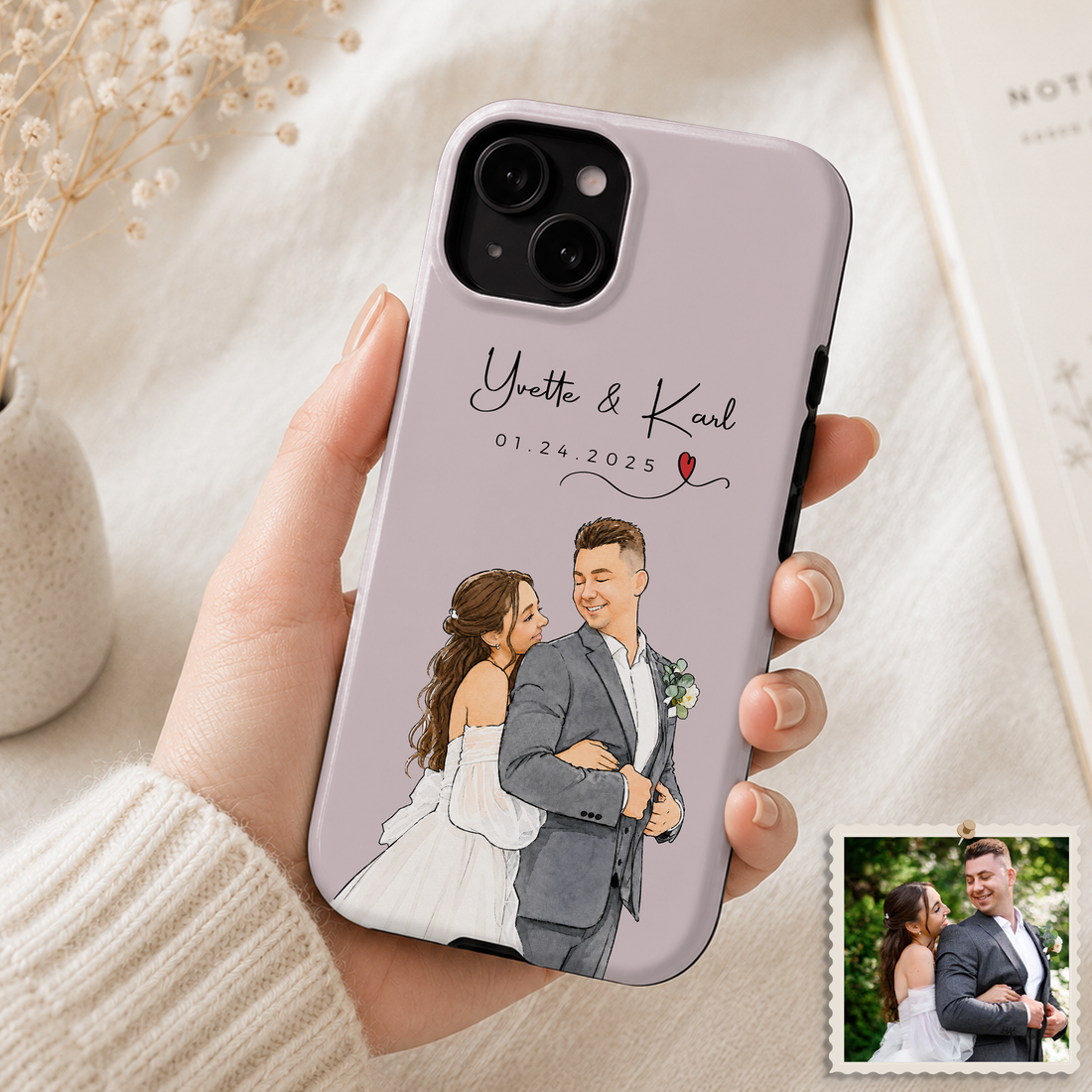 Tough Phone Case for iPhone & Samsung, Personalized Wedding Water Color Doodle Case with Custom Text
