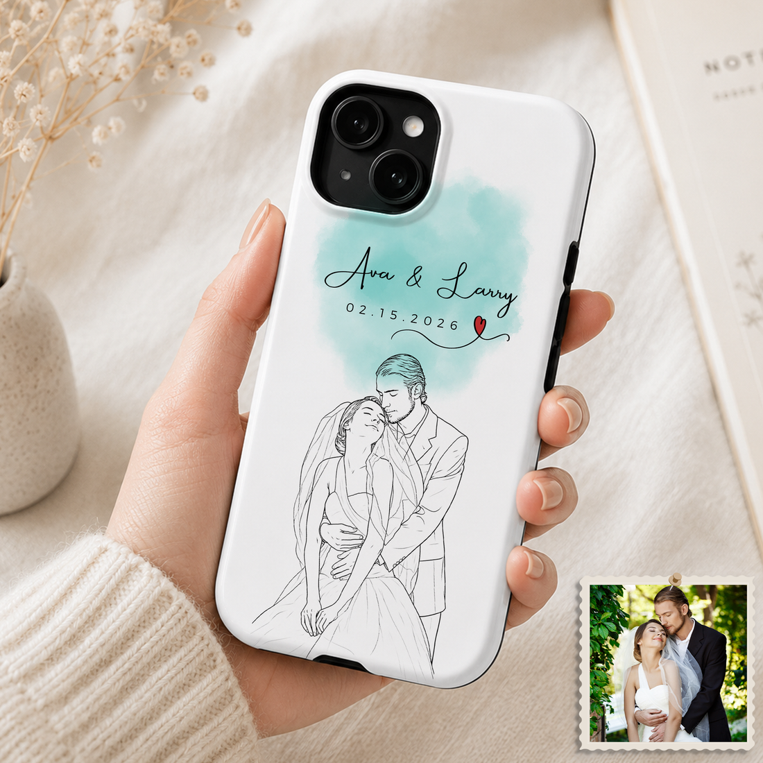 Tough Phone Case for iPhone & Samsung, Personalized Engagement Wedding Detailed Line Art Case with Custom Text