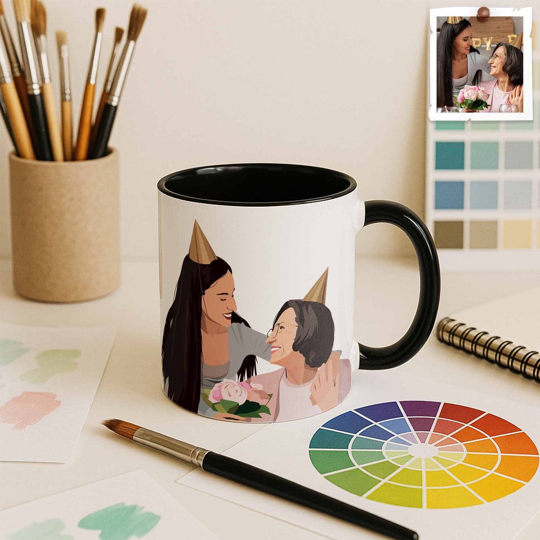 Customized Portrait Photo to Illustration Art Gift, Memorial Mother's Day Accent Coffee Mug (11, 15oz)-BeUnikArt