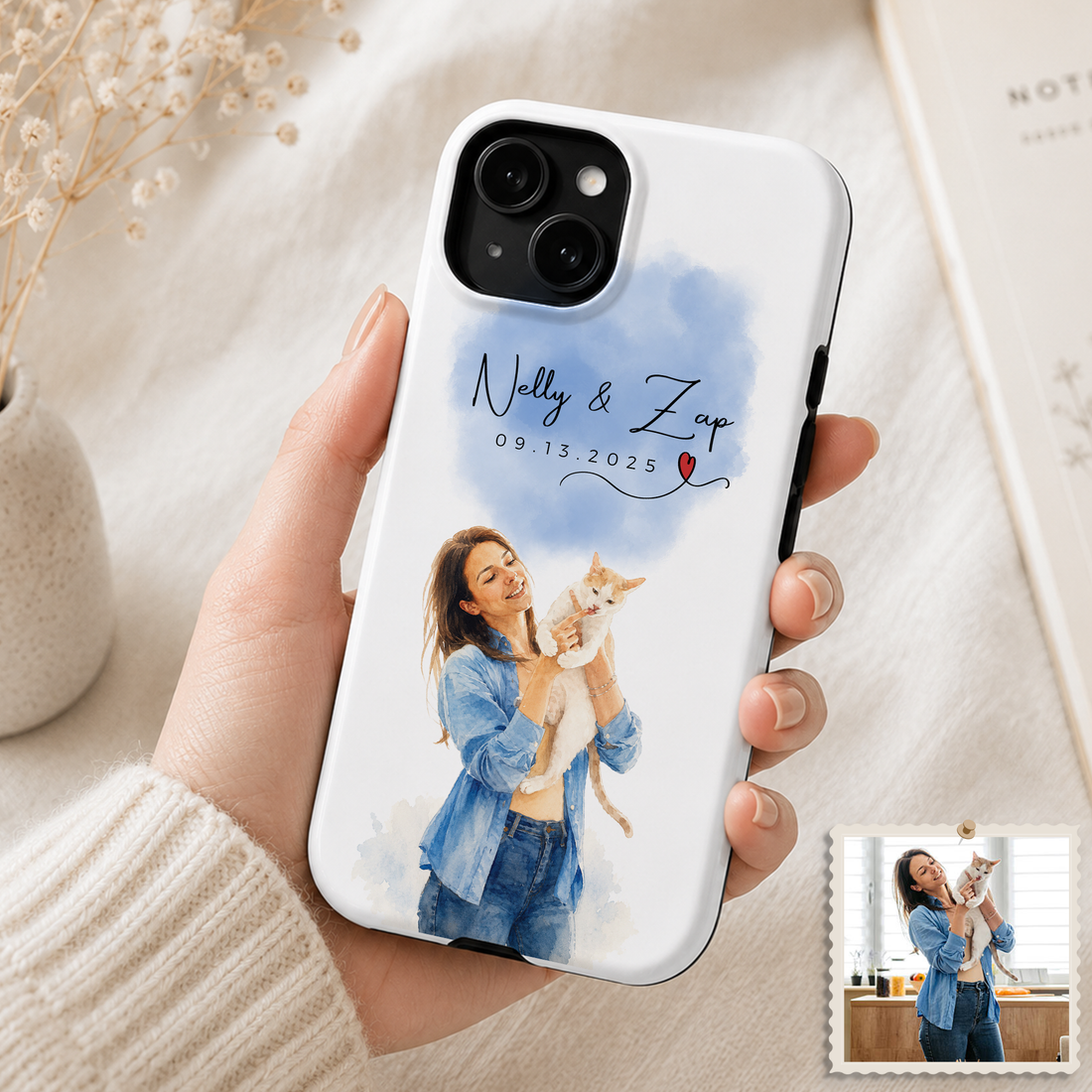 Tough Phone Case for iPhone & Samsung, Personalized Cat Dog & Owner Water Color Case with Custom Text