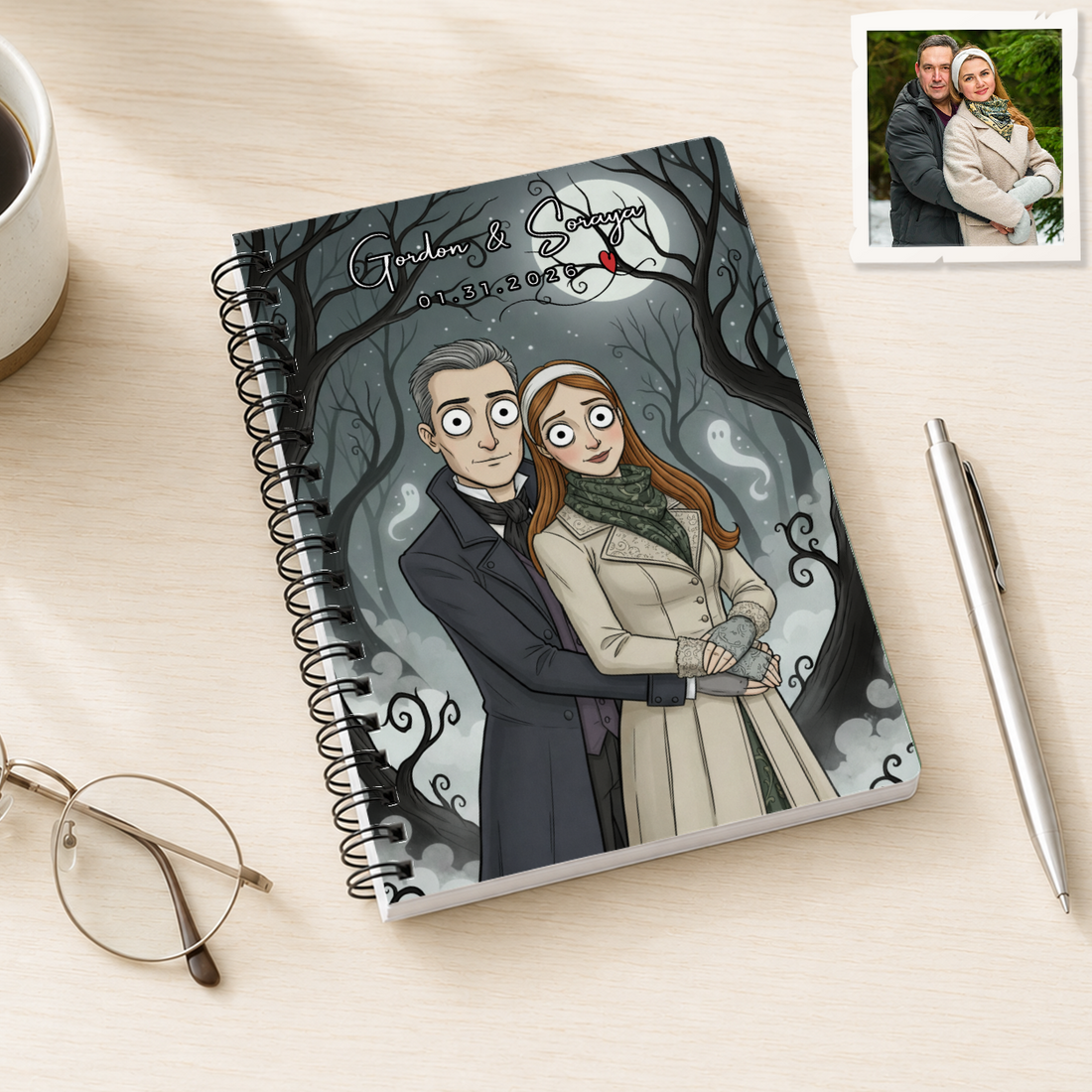 Personalized Gothic Spiral Bound Journal with Custom Text, Custom Couple or Family Portrait Notebook Gift
