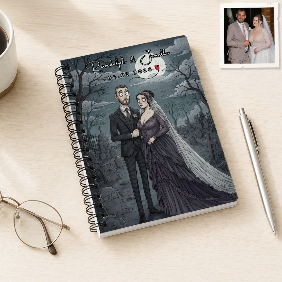 Personalized Gothic Wedding Spiral Bound Journal with Custom Text, Custom Couple Portrait Notebook Gift
