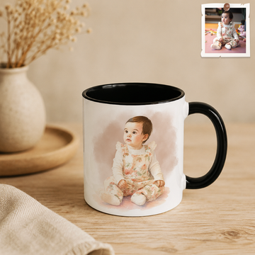 Personalized Baby Photo to Crayon Doodle Accent Mug with Custom Text & Watercolor Background - 11, 15 oz