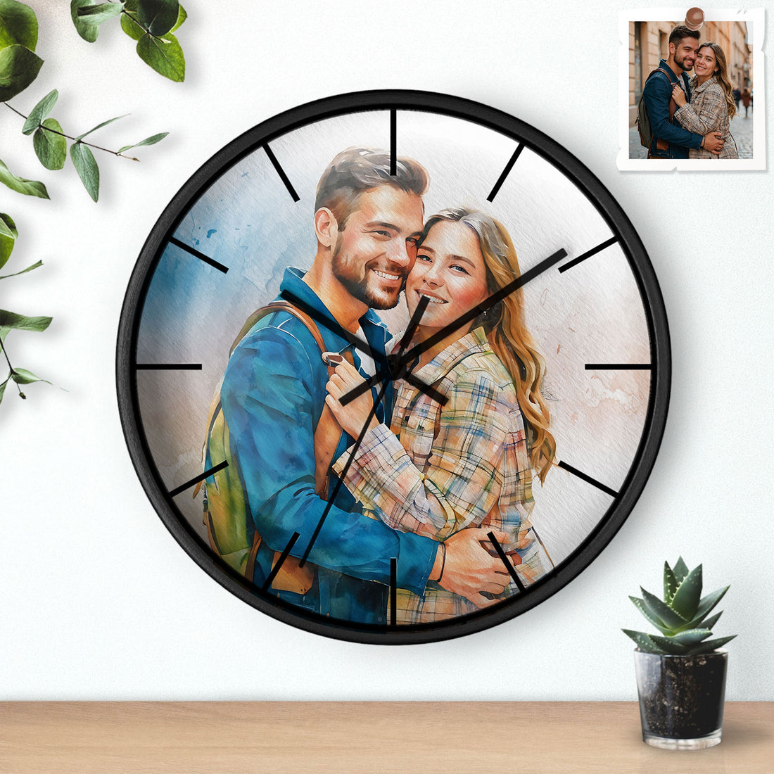 Custom Couple Portrait to Watercolor Style Art, Unique Anniversary Clock
