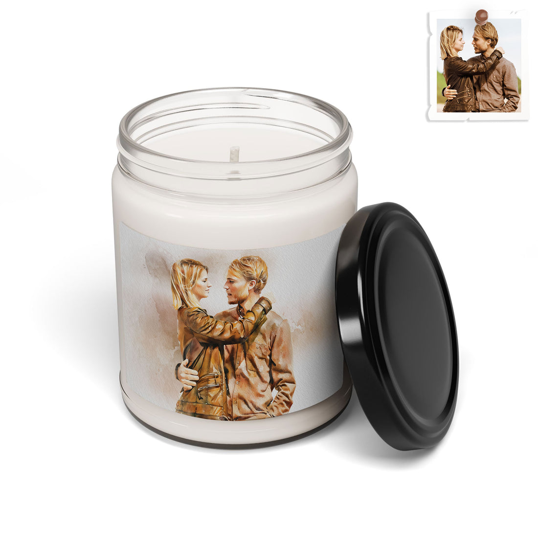 Personalize Your Love Photo To Art, Watercolor Couple Portrait Gift Scented Soy Candle, 9oz