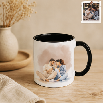 Personalized Couple Photo to Water Color Accent Mug with Custom Text & Watercolor Background - 11, 15 oz