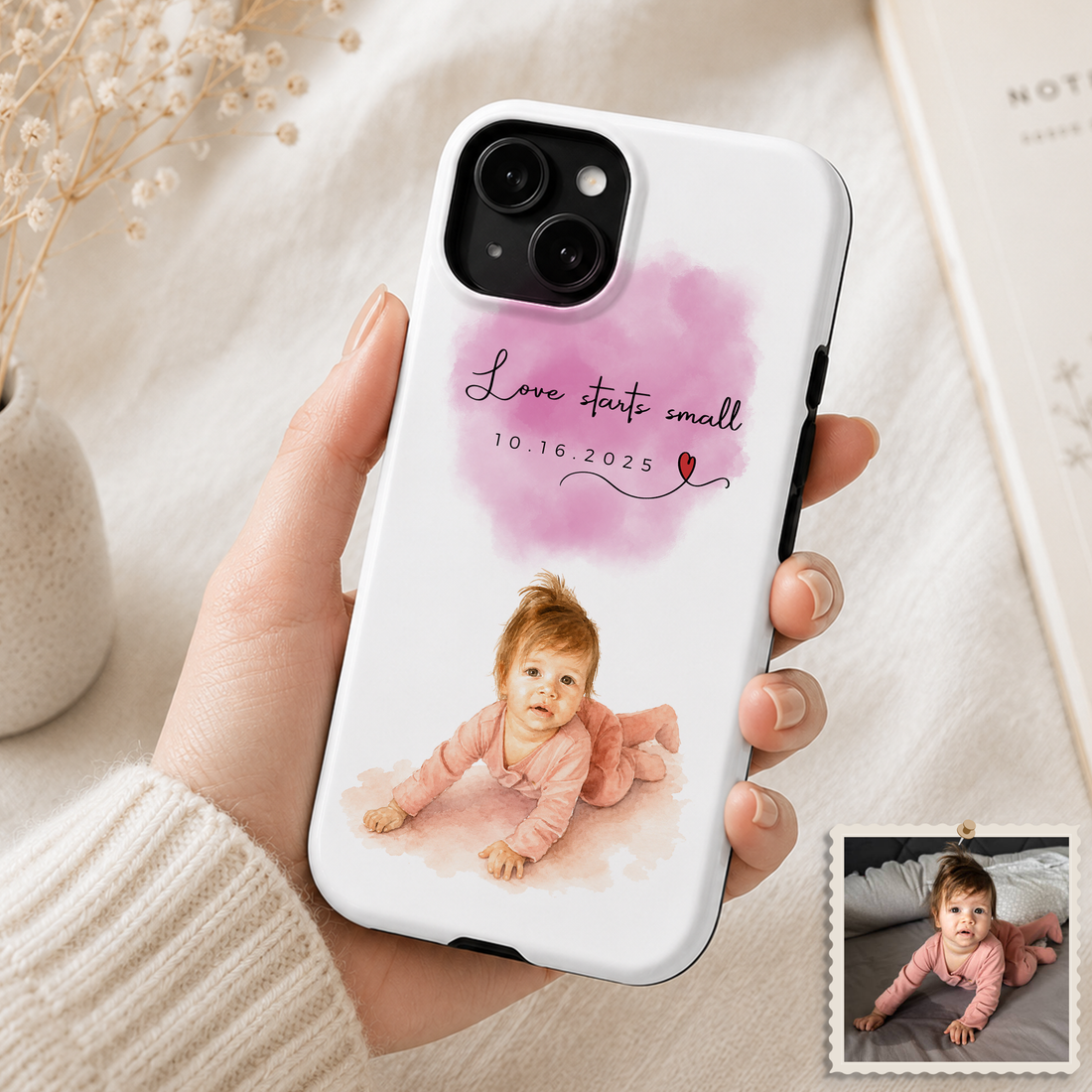 Tough Phone Case for iPhone & Samsung, Personalized Baby Water Color Case with Custom Text