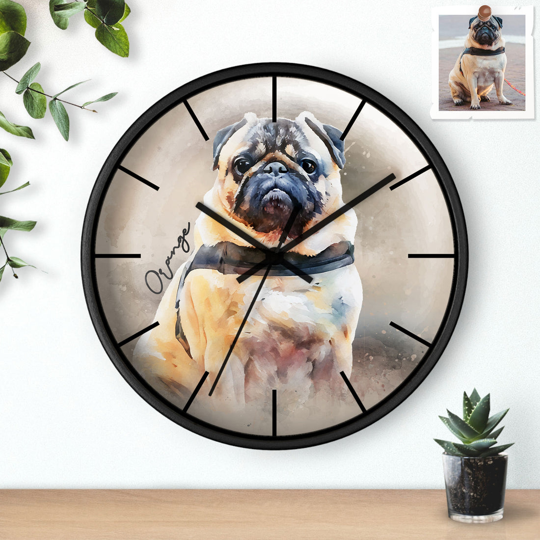 Personalized Pet Picture to Watercolor Style Portrait Art, Thoughtful Gift Clock