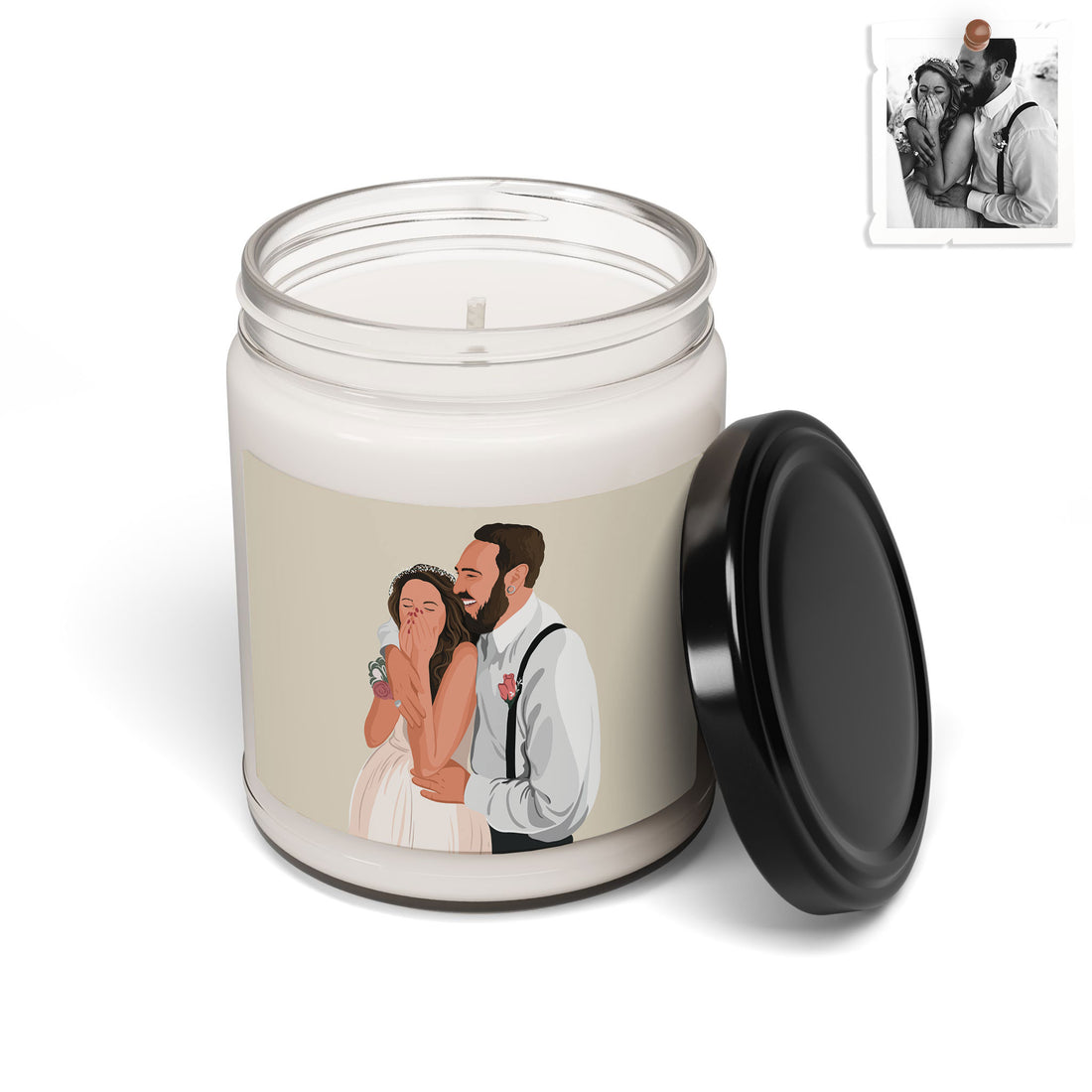 Personalized Wedding Illustration Art, Unique Gift for Newlyweds, Wedding Anniversary Scented Soy Candle, 9oz