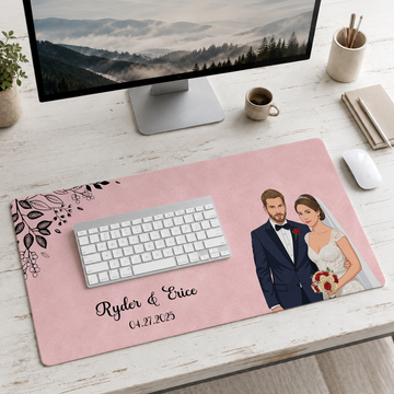 Personalized Engagement Wedding Couple Photo to Illustration Desk Mat with Custom Text