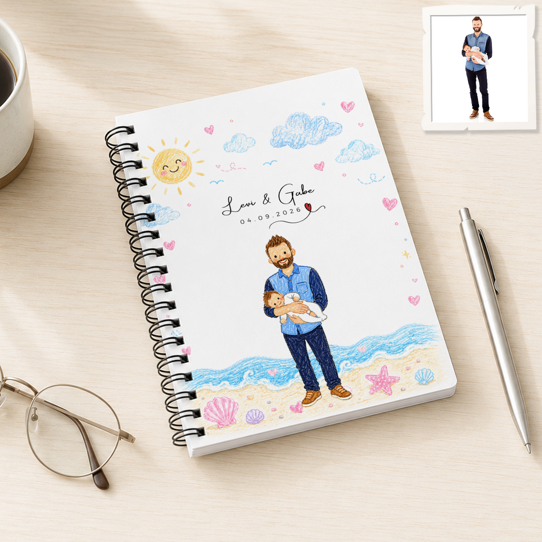 Personalized First Time Dad Crayon Doodle Spiral Bound Journal with Custom Text, New Dad and Baby Portrait Keepsake Gift