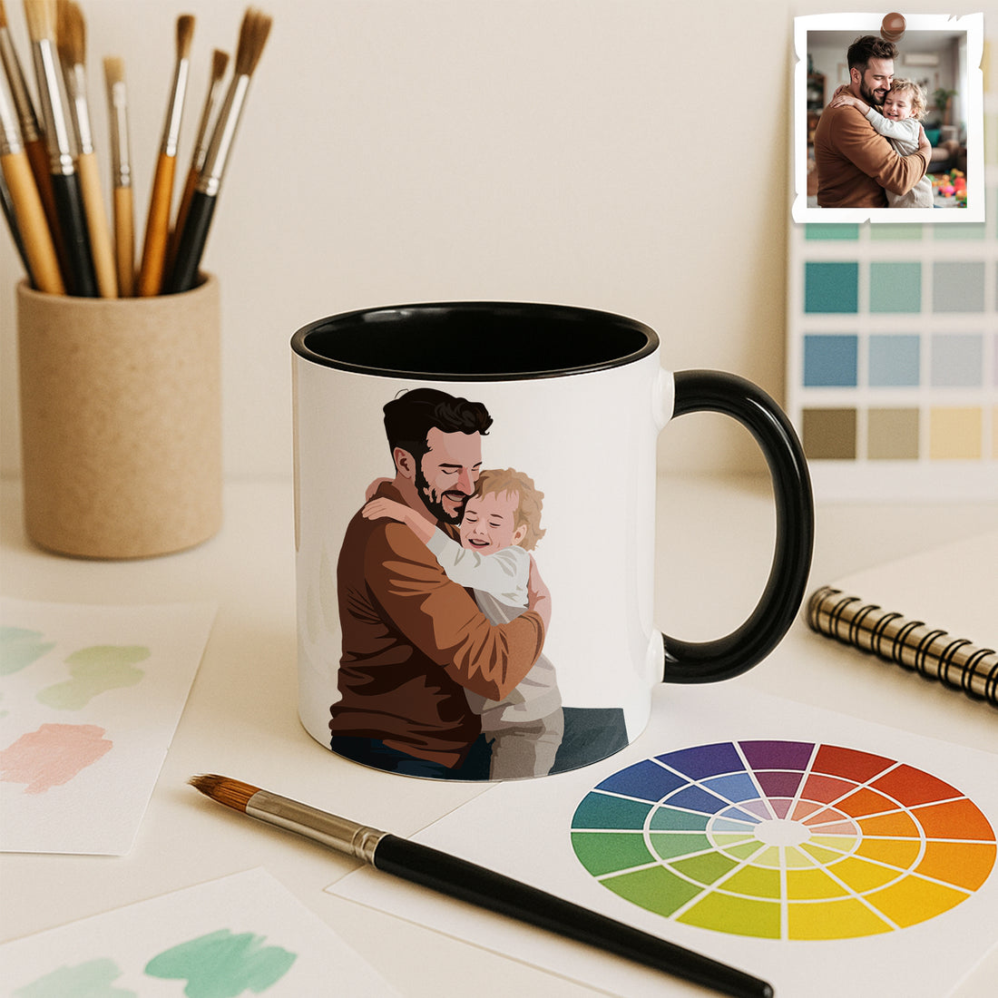Customized Photo To Illustration Art Father Son Daughter, Gift for Dad, Father's Day Accent Coffee Mug (11, 15oz)-BeUnikArt