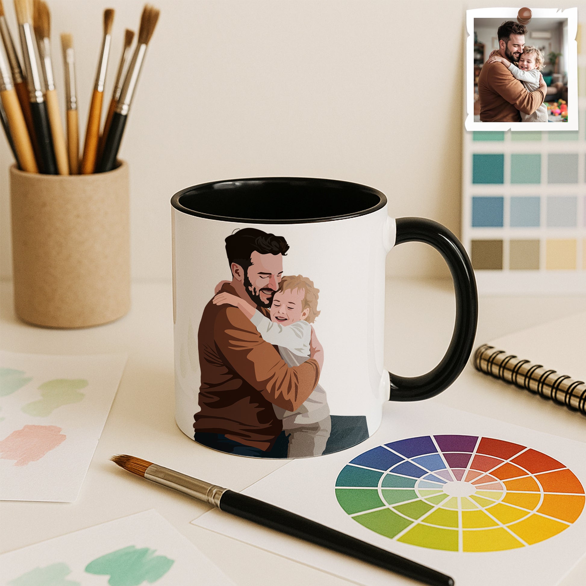 Customized Photo To Illustration Art Father Son Daughter, Gift for Dad, Father's Day Accent Coffee Mug (11, 15oz)-BeUnikArt