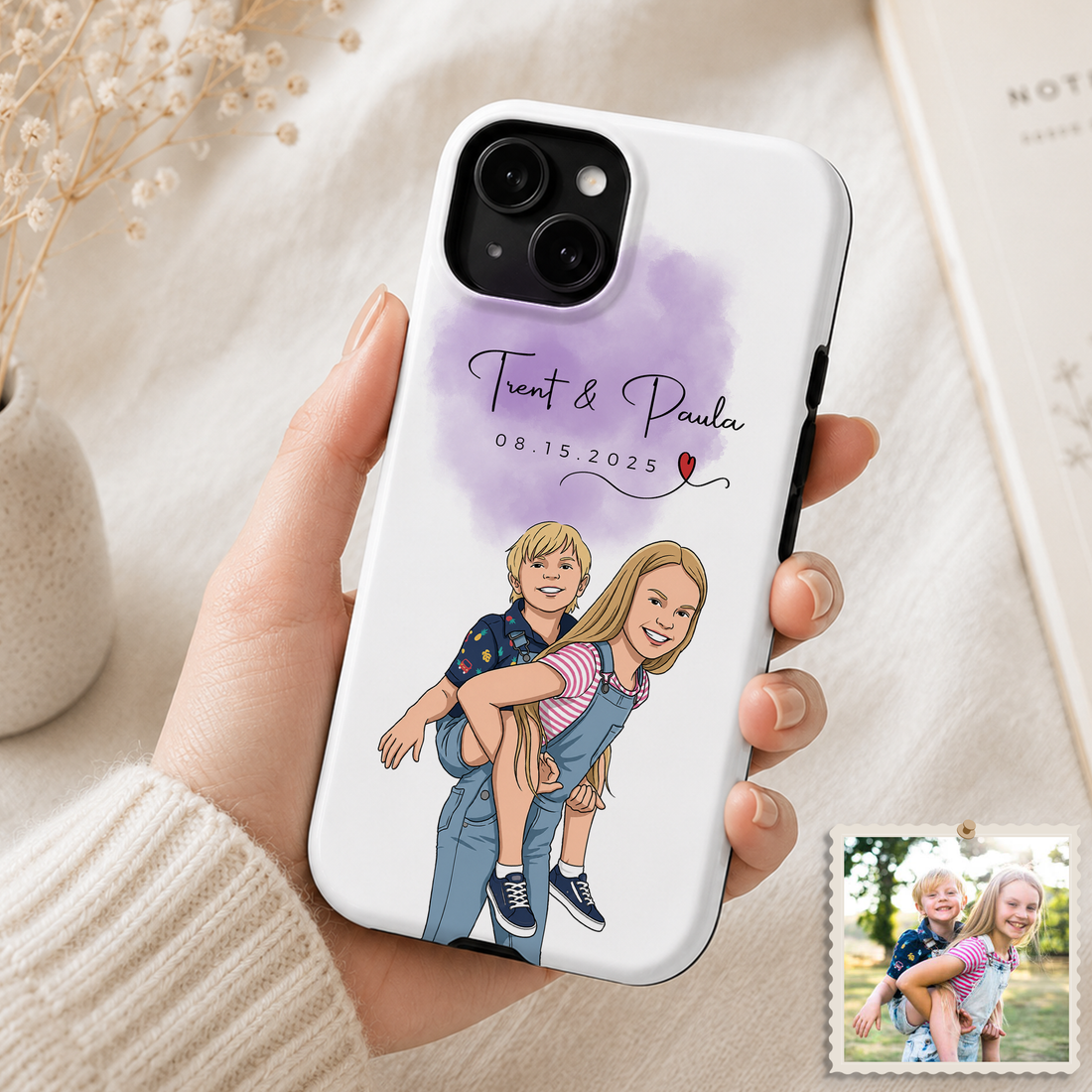 Tough Phone Case for iPhone & Samsung, Personalized Baby Siblings Illustration Case with Custom Text