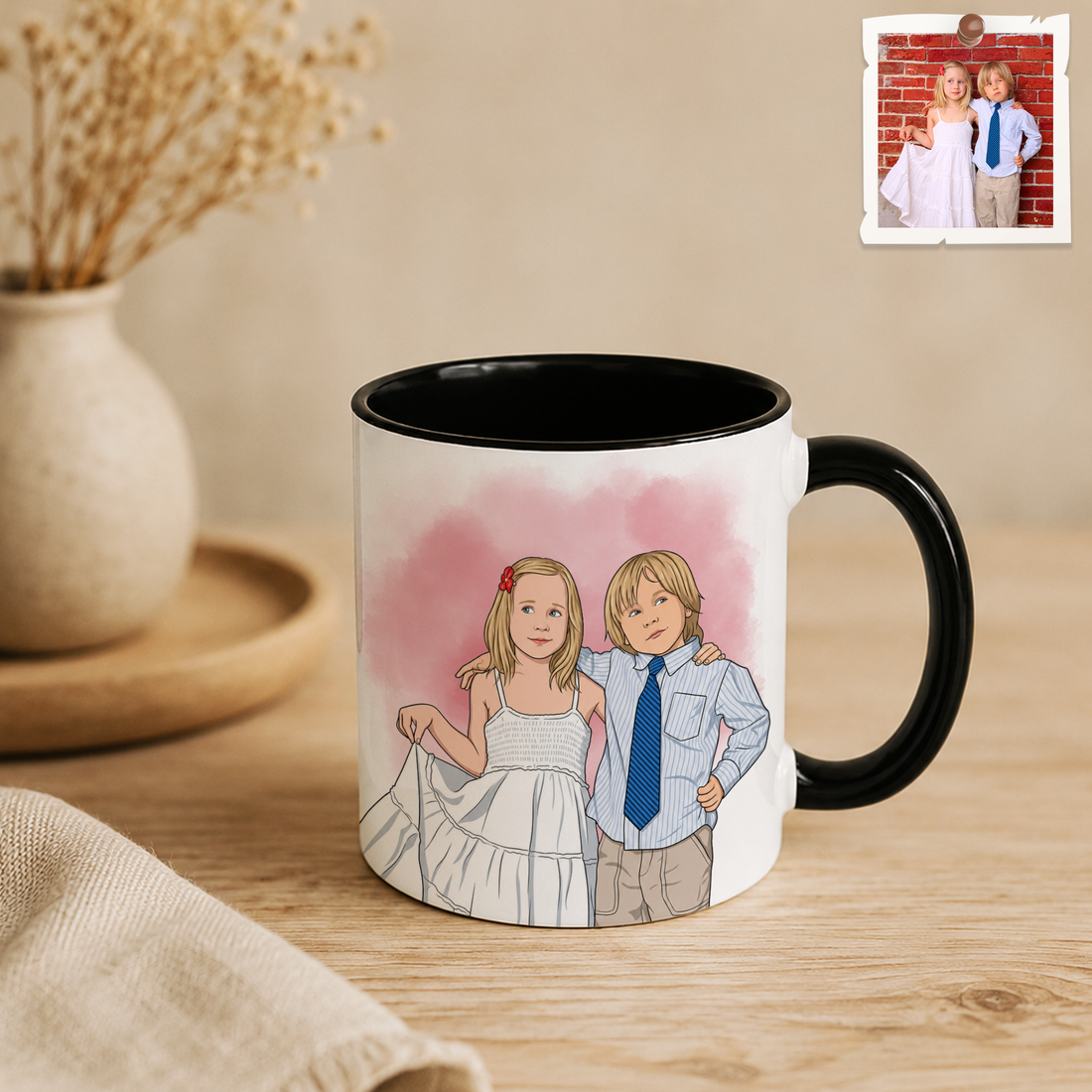Custom Baby Siblings Illustration Accent Mug with Personalized Text - 11, 15 oz