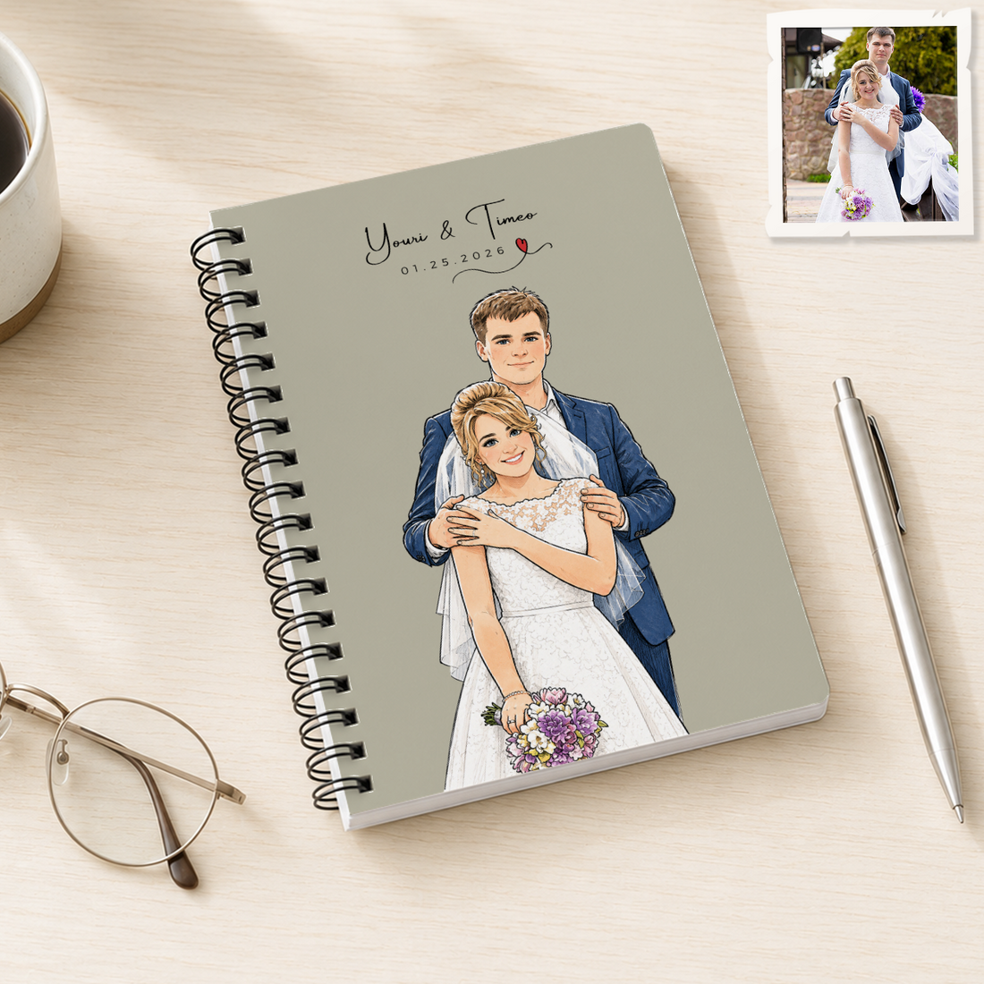 Personalized Wedding Sketch Doodle Spiral Bound Journal with Custom Text, Custom Couple Portrait Notebook Gift