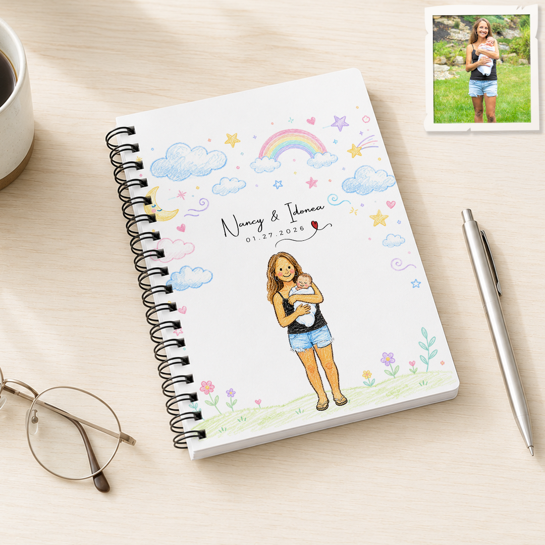 Personalized First Time Mom Crayon Doodle Spiral Bound Journal with Custom Text, New Mom and Baby Portrait Keepsake Gift