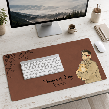 Personalized Cat & Owner Photo to Water Color Doodle Desk Mat with Custom Text