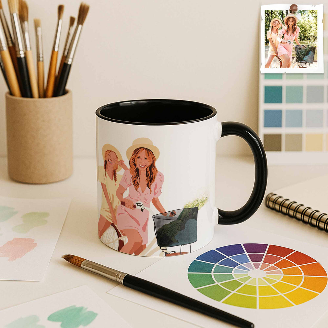 Custom Best Friends Portrait Turn Photo To Art, Thoughtful Friendship Gift, Best Friends Keepsake Accent Mug Coffee (11, 15oz)-BeUnikArt