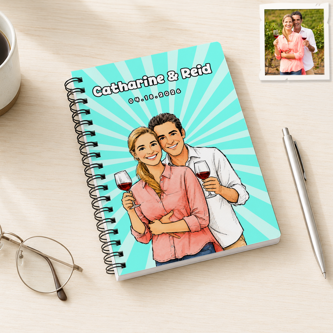 Personalized Young or Older Couple Sketch Doodle Spiral Bound Journal with Custom Text, Custom Couple Portrait Notebook Gift