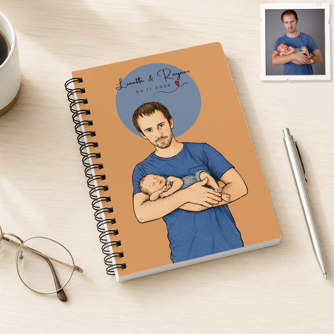 Personalized First Time Dad Sketch Doodle Spiral Bound Journal with Custom Text, New Dad and Baby Portrait Notebook Gift