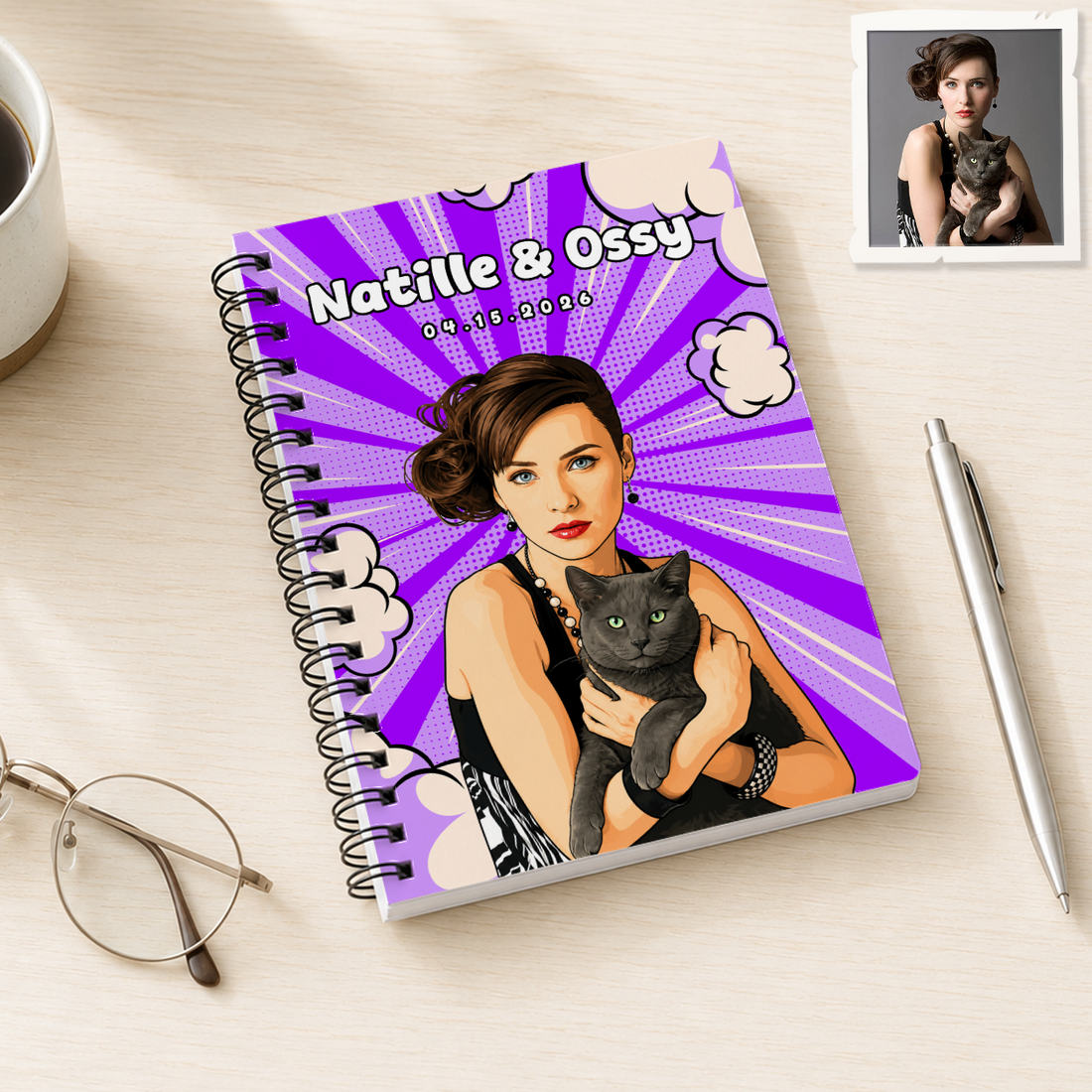 Personalized Pop Art Pet and Owner Spiral Bound Journal with Custom Text, Custom Pet Portrait Notebook Gift