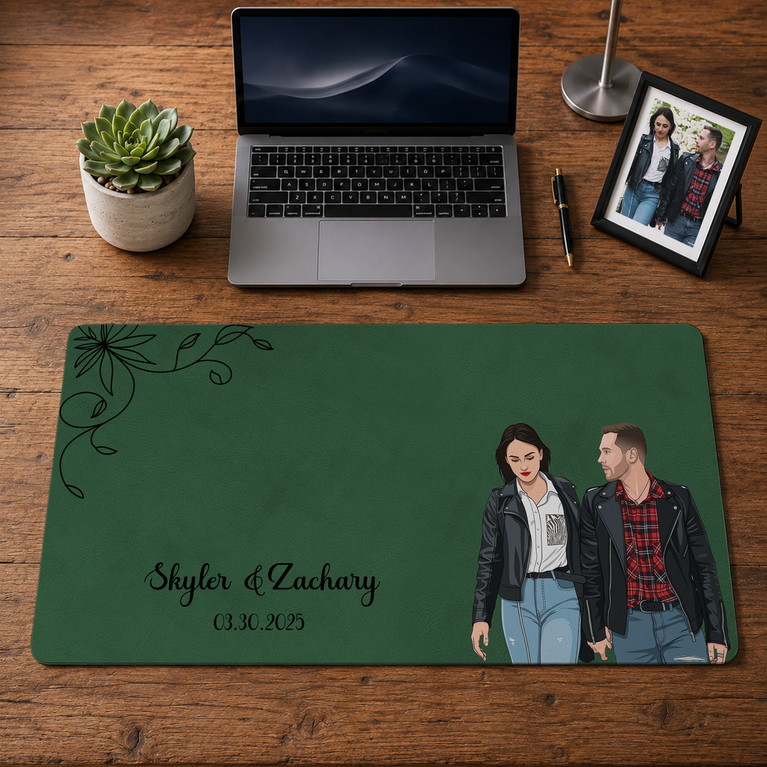 Personalized Couple Photo to Illustration Desk Mat with Custom Text
