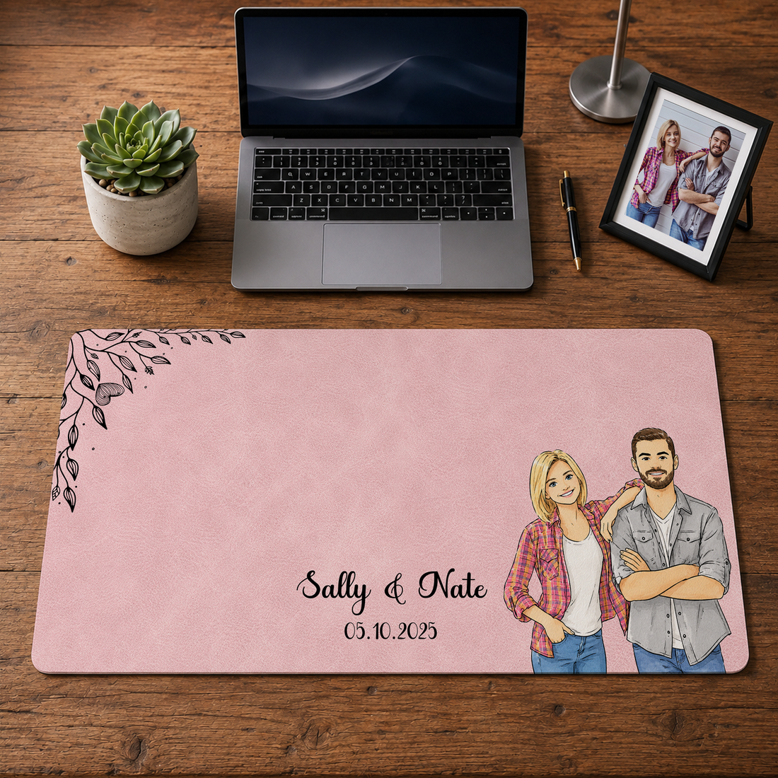 Personalized Couple Photo to Water Color Doodle Desk Mat with Custom Text