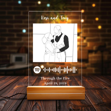 Custom Line Art Music Player Night Light - Personalized Sketch Photo Acrylic Lamp - Anniversary Song Plaque with Names & Date