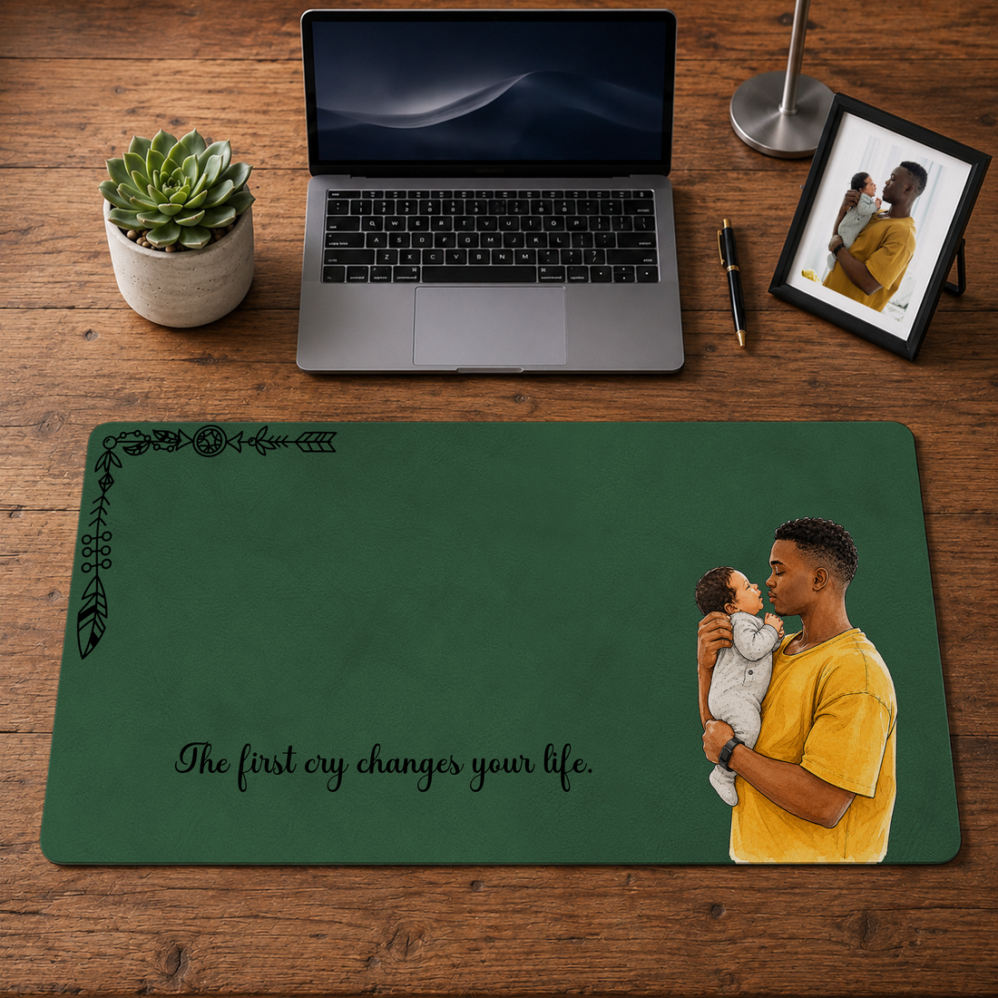 Personalized First Time Dad Photo to Water Color Doodle Desk Mat with Custom Text