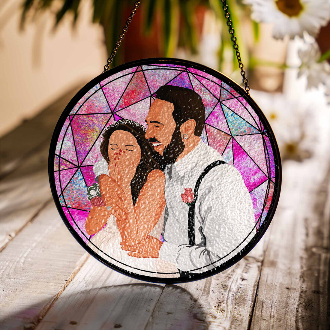 Custom Couple Portrait To Illustration Art, Anniversary Gift Idea, Turn Art Photo With Glass Suncatcher, Window Hanging Keepsake-BeUnikArt